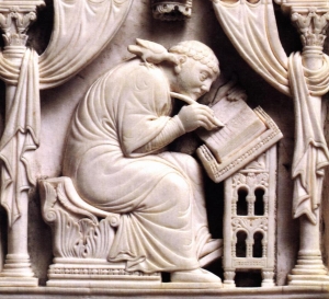 Pave Gregor den 1. nedskriver den gregorianske sang inspireret af helligånden i form af en due. 